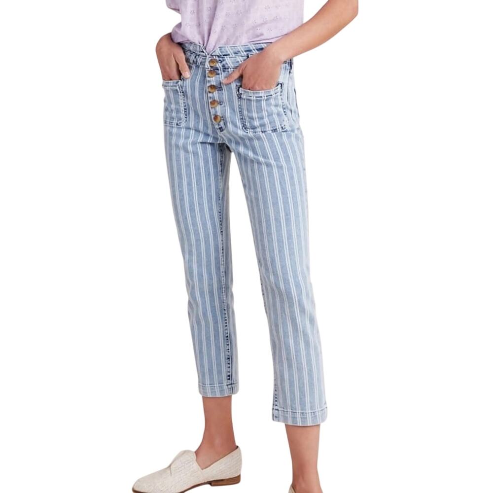 Anthropologie Pilcro High Rise Slim Stripe Acid Wash Crop Jeans 29 Nautical Euro